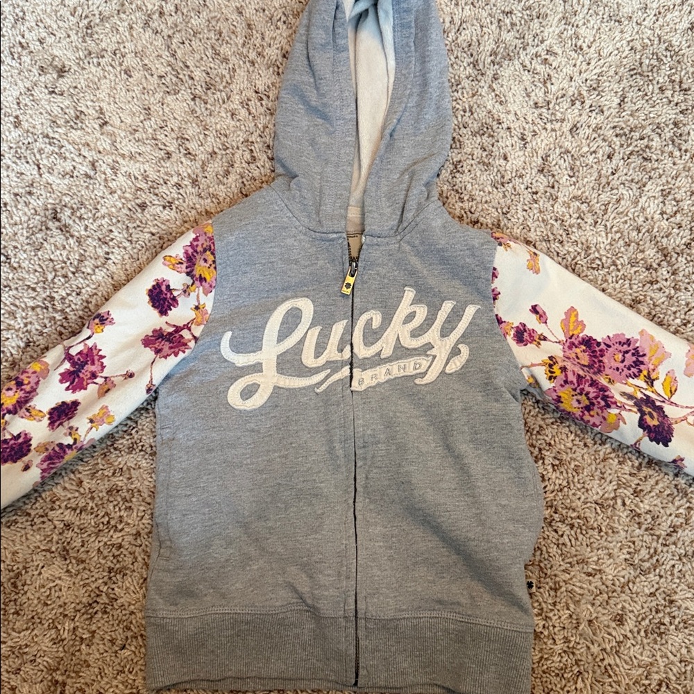 Lucky Brand Gray Lined Hoodie with Floral Accents XS 5/6
